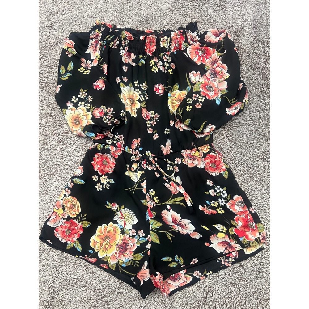 Active USA Floral Romper M Off Shoulder Smocked Balloon Sleeve Elastic Waist